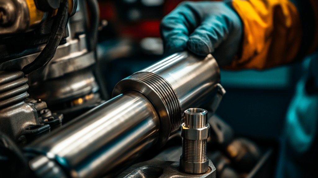 Worker in protective gloves holding a metallic mechanical part.